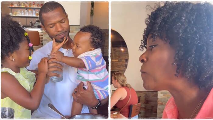 Lady leaves babies for her husband while in restaurant, eats in peace while they disturb him