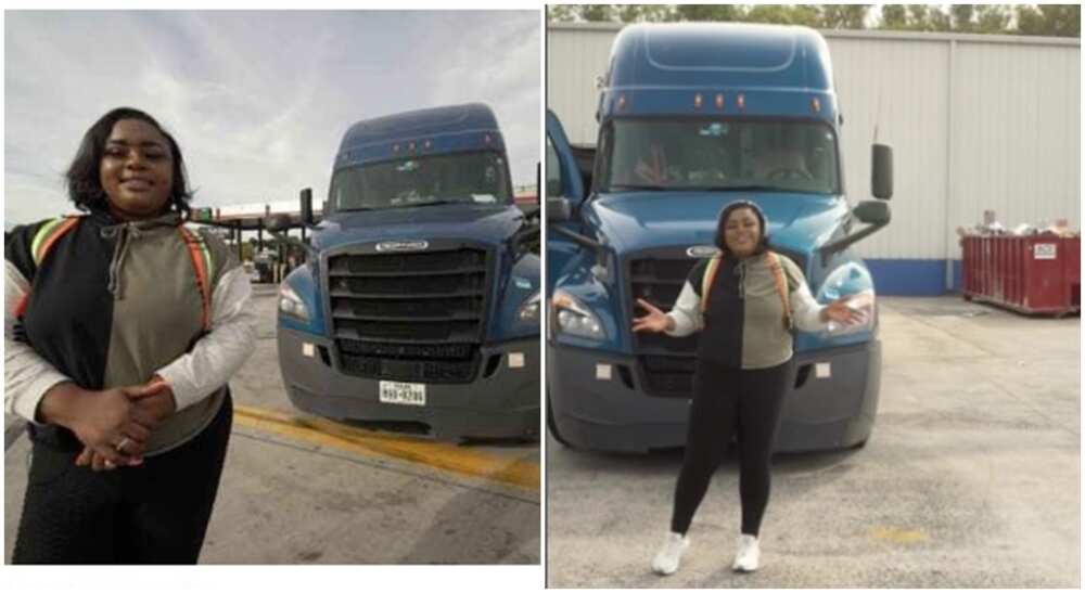 Photos of a lady standing in front of a truck.