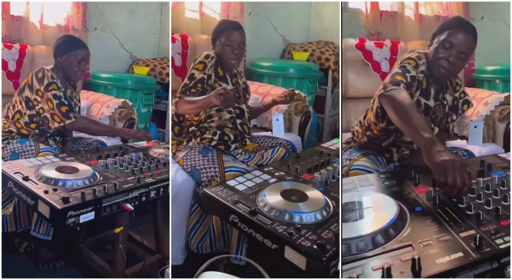 Photos of an old woman playing music with DJ deck.