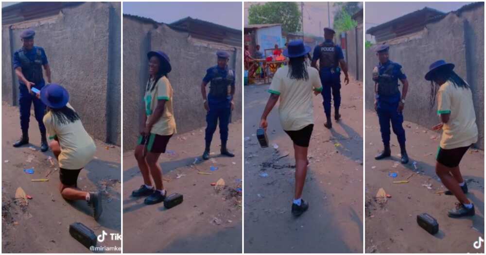 Comedienne Miriam Kesanga, lady dances for policeman, lady salutes policeman, cute policeman and lady video