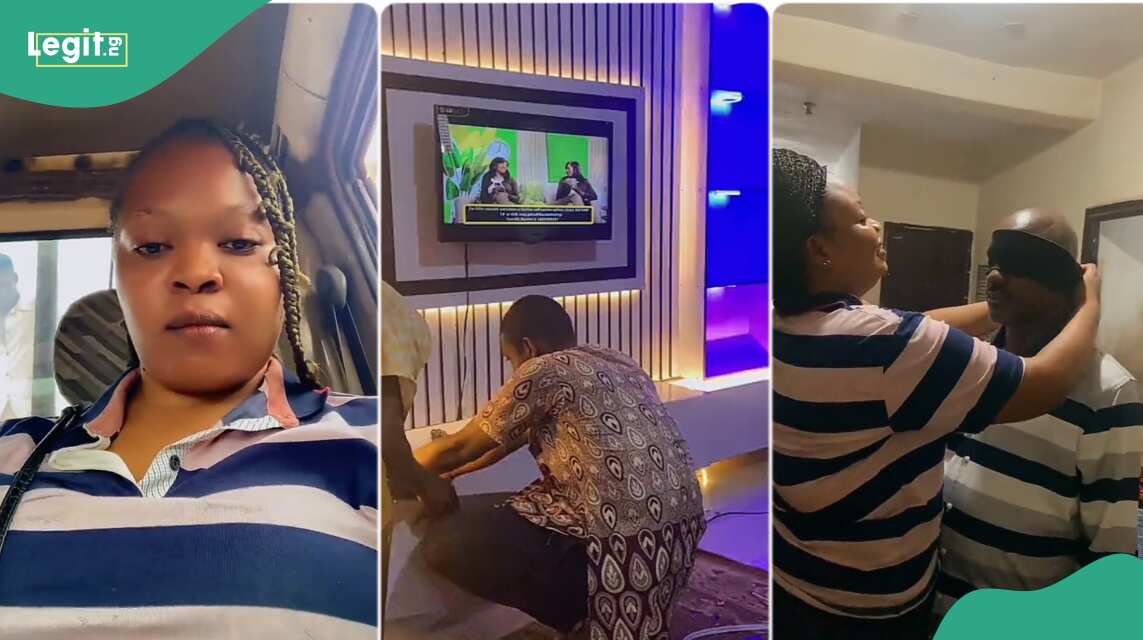 Viral video: Nigerian woman surprises her husband with a modern TV stand on his birthday, he reacted