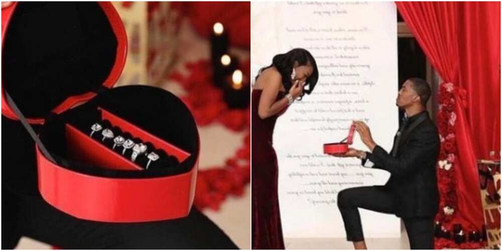 Nigerians react as man stuns his girlfriend with 6 different diamond rings in lovely marriage proposal