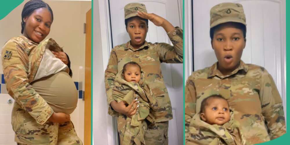 Female soldier gives birth to cute baby.