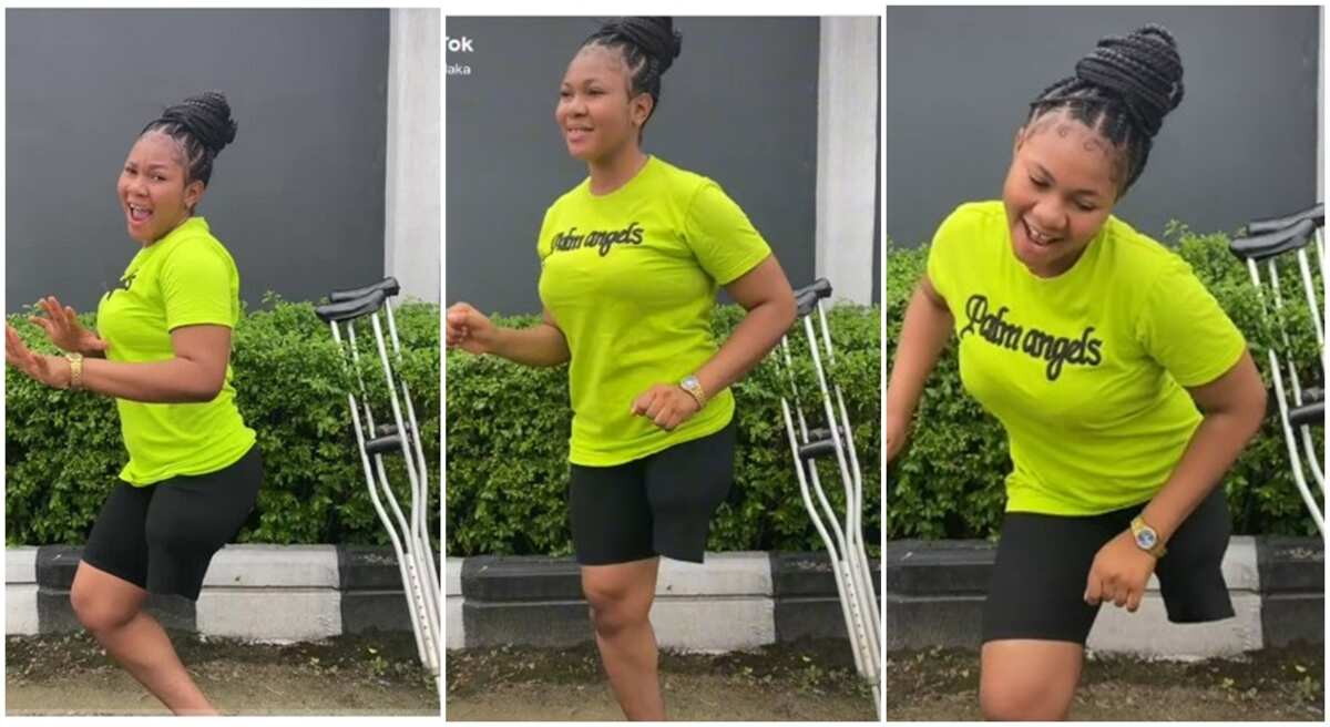 Pretty Nigerian lady with one leg drops her crutches, scatters Buga dance challenge, amazing video goes viral