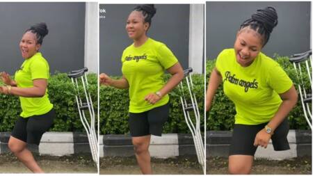 Pretty Nigerian lady with one leg drops her crutches, scatters Buga dance challenge, amazing video goes viral