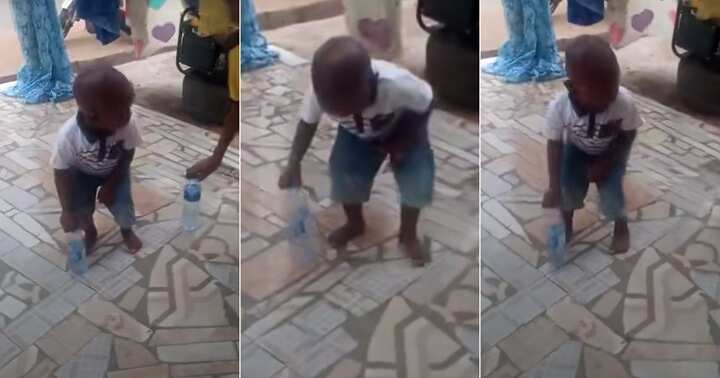 Little boy participates in bottle flip challenge