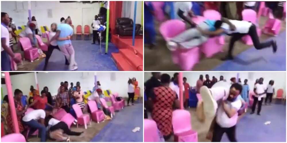Reactions as pastor scatters church during deliverance, lifts and throws man into the congregation in viral video