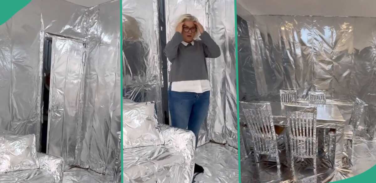 Mum reacts in shock as son covers her entire house in aluminium foil, video emerges