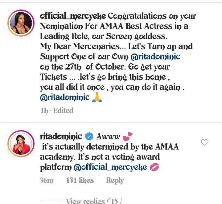 BBNaija Mercy congratulates Rita Dominic as she bags AMAA nomination