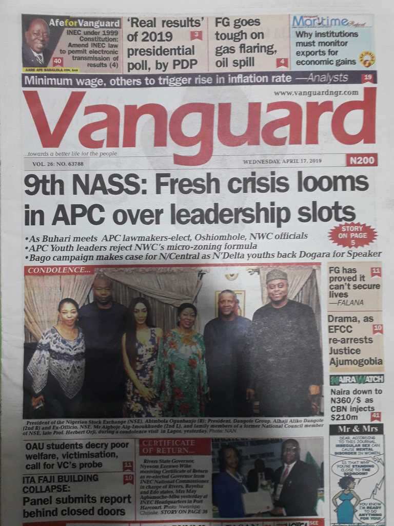 Nigerian newspaper Vanguard of Wednesday, April 17