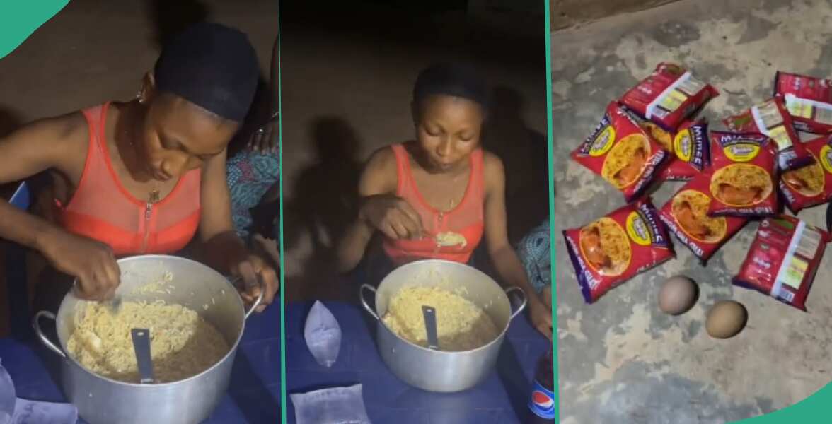 Innocent-looking Nigerian lady devours 10 packs of noodles and 2 eggs in one sitting, video trends
