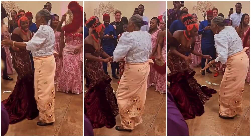 Nigerian grandma dances at traditional wedding.