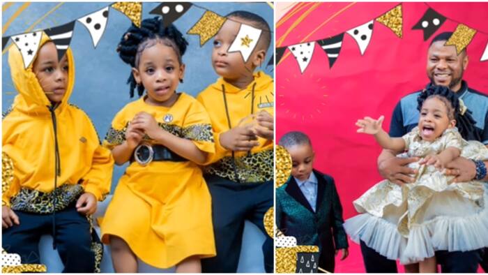"My prides": Yinka Ayefele poses with his triplets in cute photos as they clock 4, sister steals the show