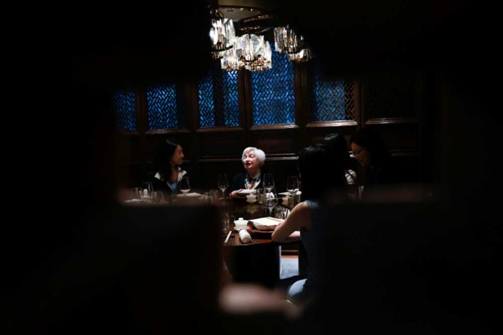 US Treasury Secretary Janet Yellen (C) speaks during a lunch meeting with women economists in Beijing on July 8, 2023.