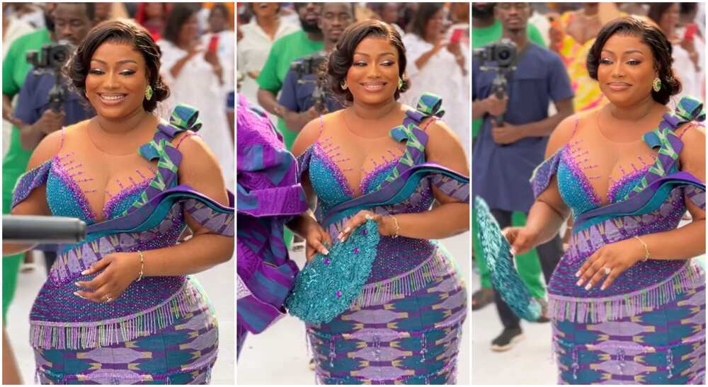 Photos of a curvy bride in Kente corset dress.