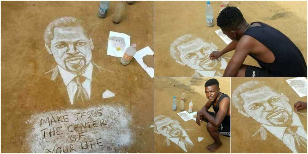 Talented Artist Uses Sand and Ashes to Draw Portrait of Late Prophet TB Joshua, Man of God Smiles to the World Talented Artist Uses Sand and Ashes to Draw Portrait of Late Prophet TB Joshua, Man of God Smiles to the World