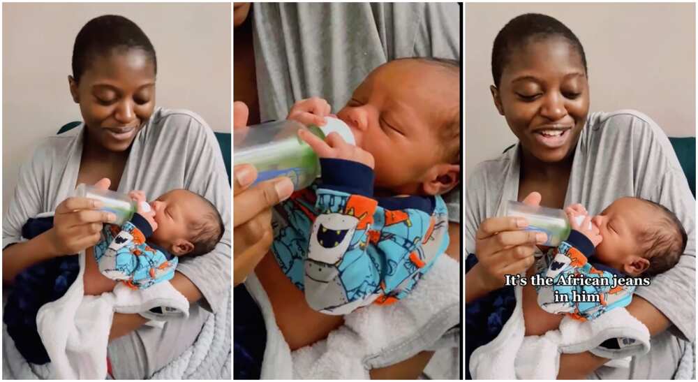 Photos of a mother feeding her baby who grabs the bottle.