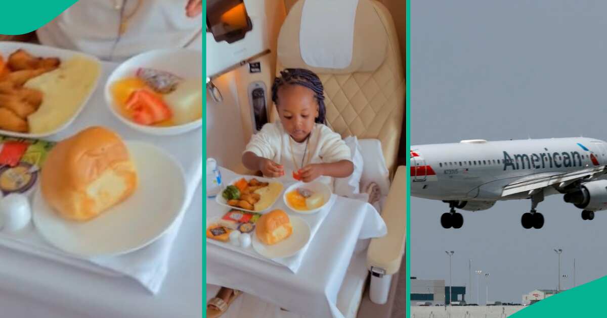 Delightful moment as young girl savours airplane meal, captured in heartwarming video