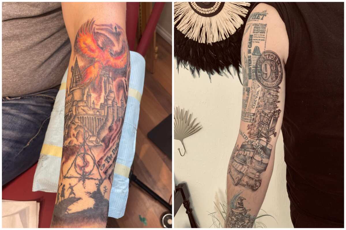 Harry Potter leg sleeve tattoo  Harry potter tattoo sleeve Harry potter  tattoos Sleeve tattoos