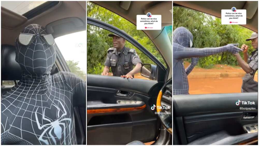 Spiderman costume/man amazed police officer.