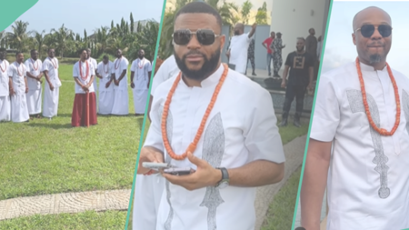 Groomsmen leave ladies blushing as they rock Edo outfits for a wedding: "Number 4 dey enter my eyes"