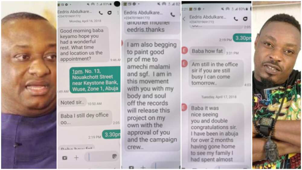 Minister Fesuts drags Eedris in mud, shares screenshot of texts where singer begged to support Buhari in 2018