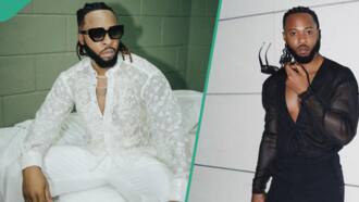 Flavour flaunts trimmed body in purple suit, fans hail him: "Only you knows your worth"