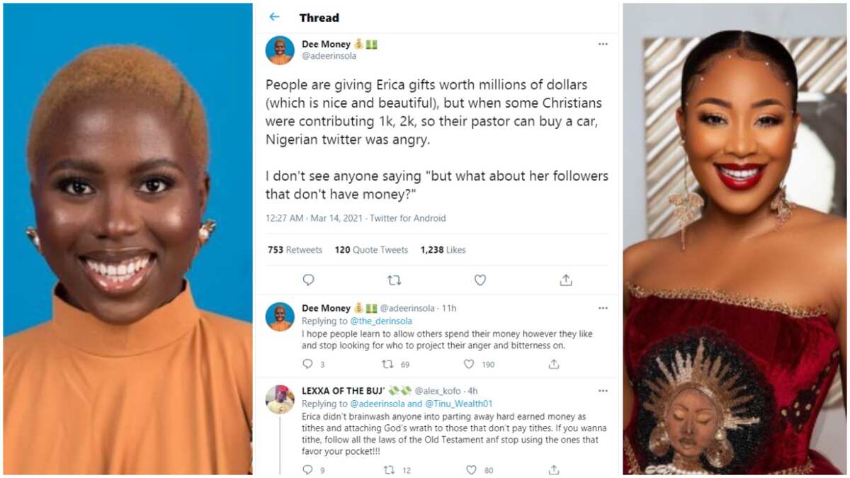 Fans gave Erica millions but when Christians contributed to their pastors, people complained - Nigerian lady