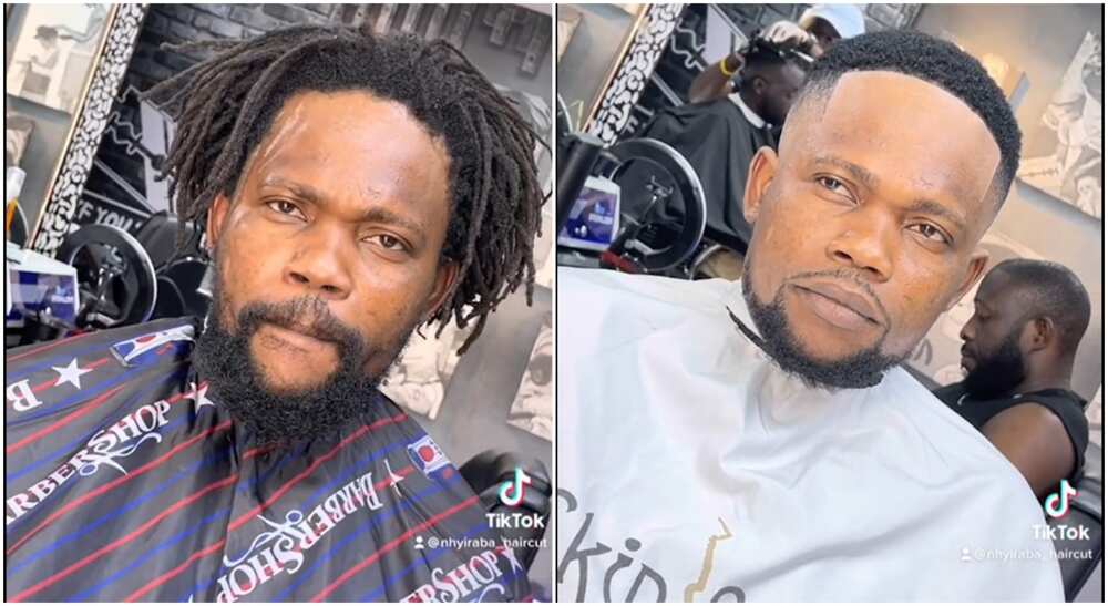 Photos of a man before and after cutting his dreadlocks.