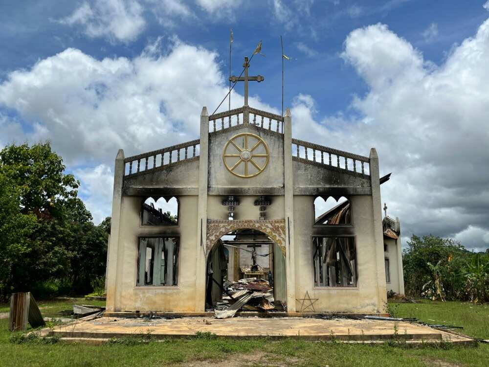 An Amnesty International photo shows a Christian church destroyed after being burned down by the Myanmar military, according to the rights group, in Daw Ngay Ku village in Hparuso township, in eastern Myanmar's Kayah state An Amnesty International photo shows a Christian church destroyed after being burned down by the Myanmar military, according to the rights group, in Daw Ngay Ku village in Hparuso township, in eastern Myanmar's Kayah state