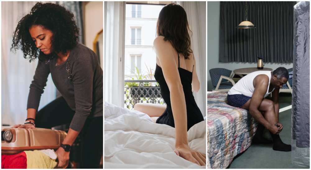 Photos of lady and man in a hotel room.