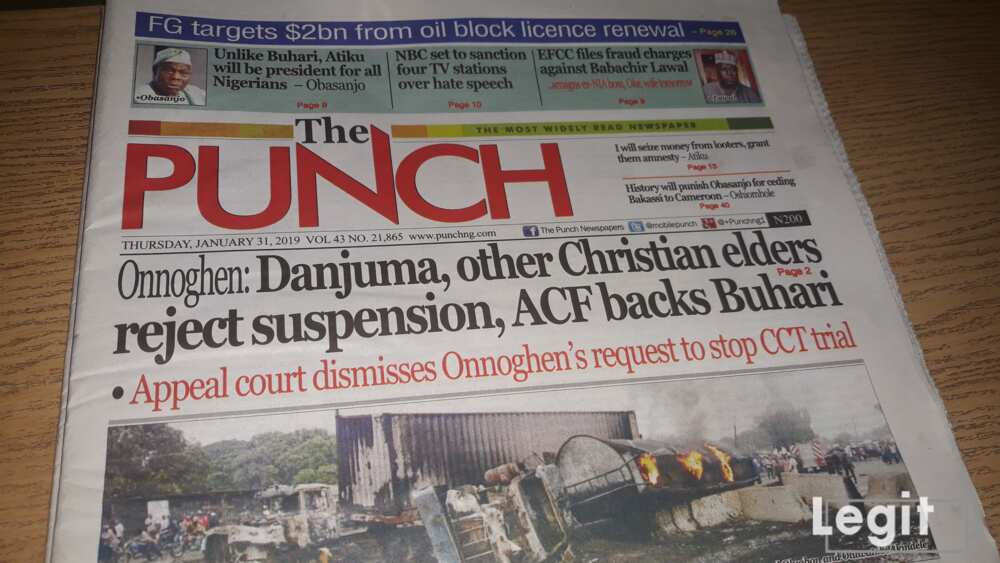 Nigerian Newspapers review: The Punch, January 31, 2019