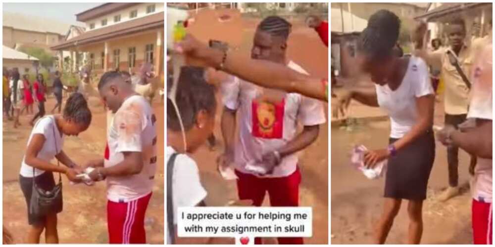 Video shows sweet moment man embarrassed lady who does assignments for him in school by handing her cash, pouring drink