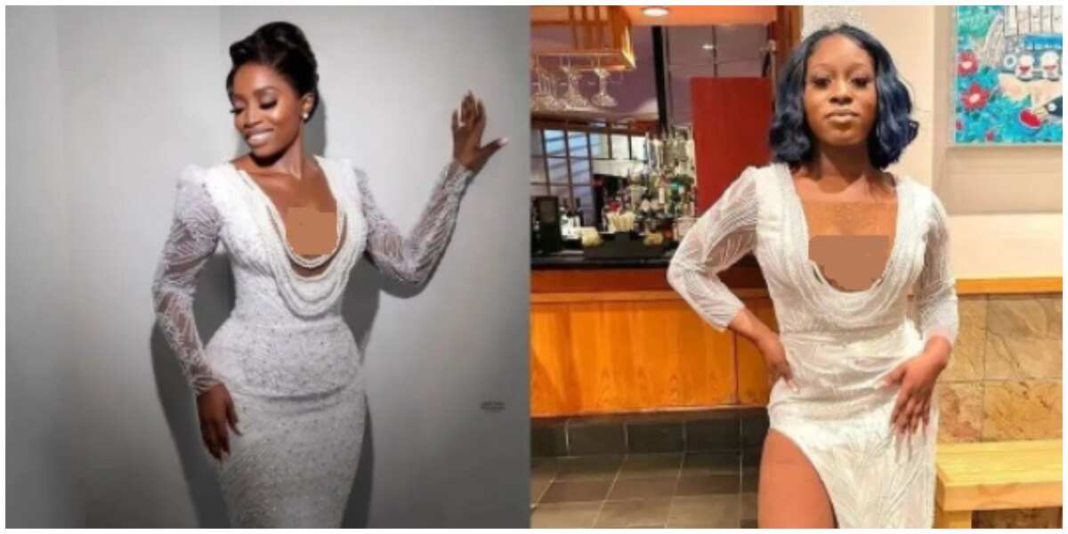 Dress recreations: Lady's style replication sparks mixed reactions over thigh-high dress slit