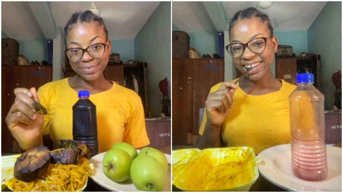 Nigerian lady finishes full plate of food, 2 slices of fish and big bottle of zobo, photos stir reactions