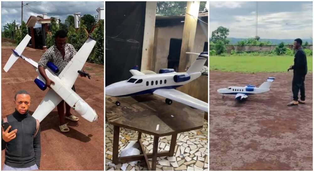 Photos of a boy from Cameroon and the aeroplane he constructed.
