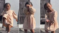 "She has 1 shoe": Kid in diaper dances like adult, makes funny face, moves her body gently to music