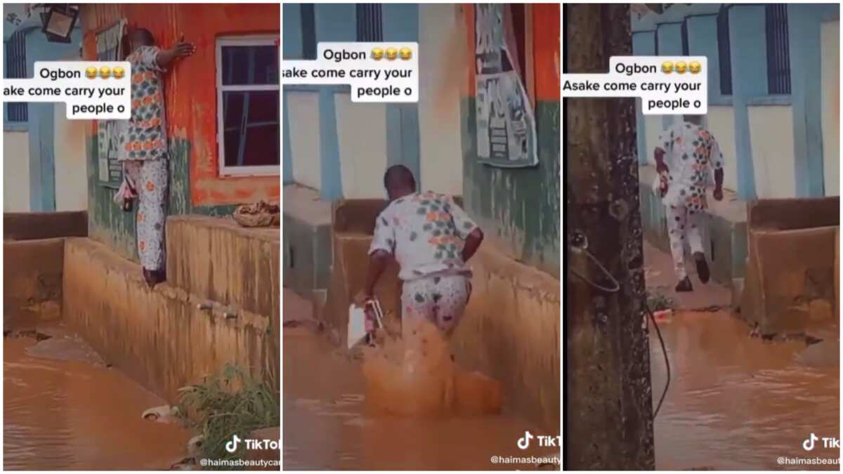 Watch the moment this people young man tried hard not to fall inside a big puddle