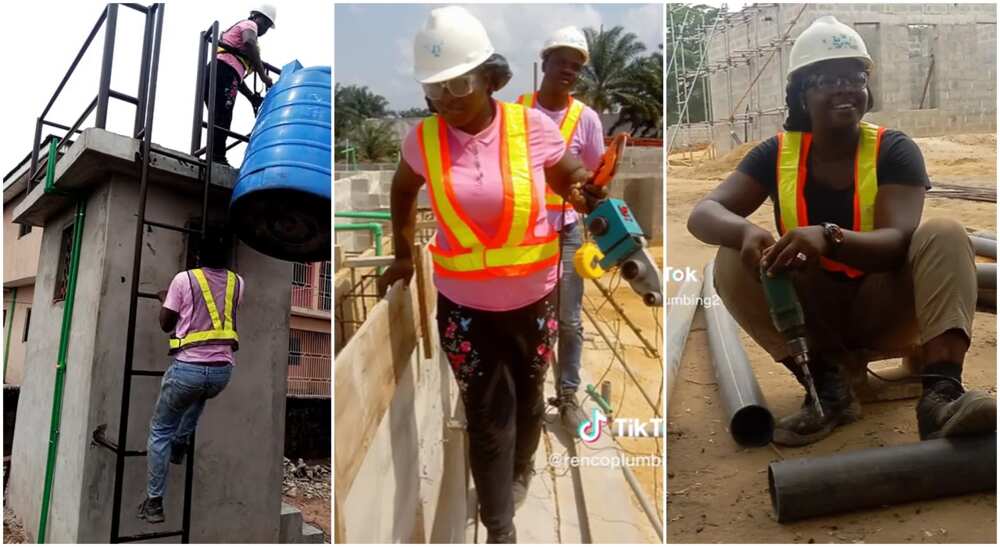 Woman works with husband, plumbers working Woman works with husband, plumbers working