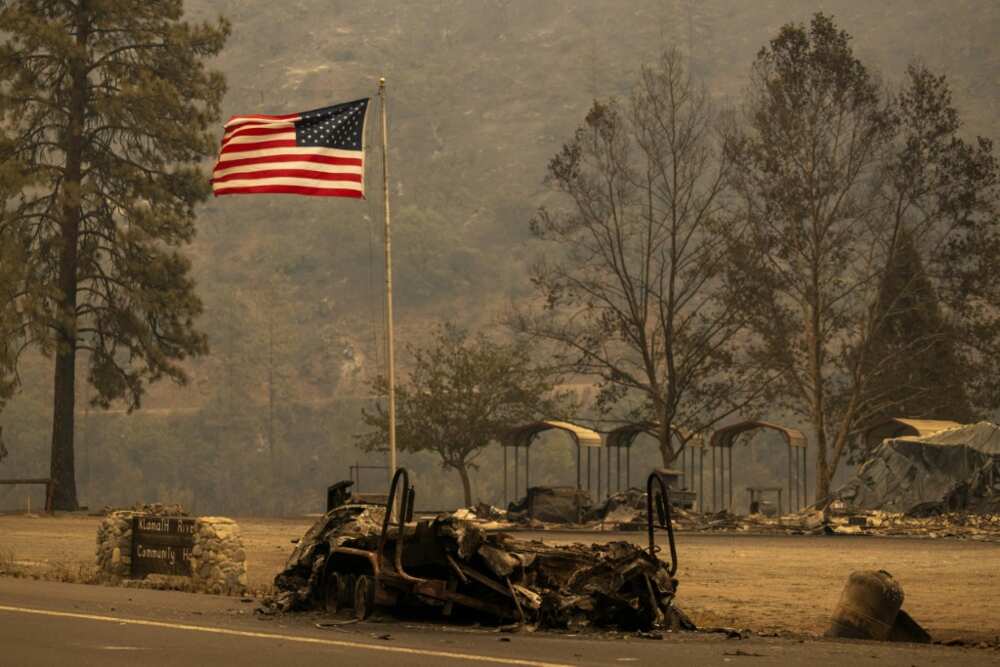 The charred remains of a boat on a trailer northwest of Yreka, California