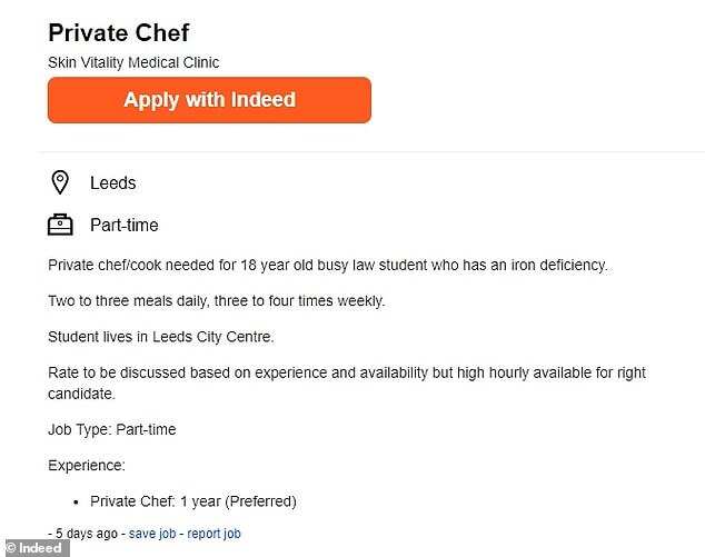 Parents advertise chef, nanny vacancies for their 18-year-old daughter studying law