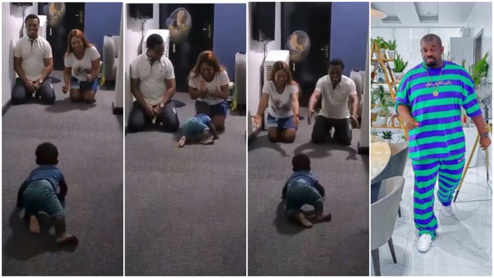 Funny moment baby chooses mum over dad in viral video as he crawls to her, Don Jazzy reacts