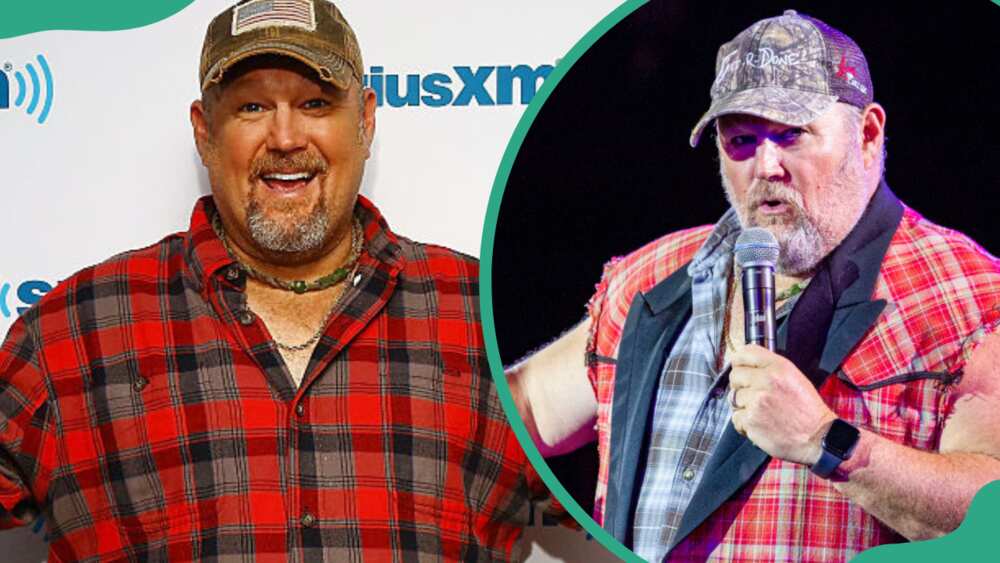 Comedian Larry the Cable Guy visits SiriusXM Studios (L). He performs on stage at Celebrity Theatre (R)