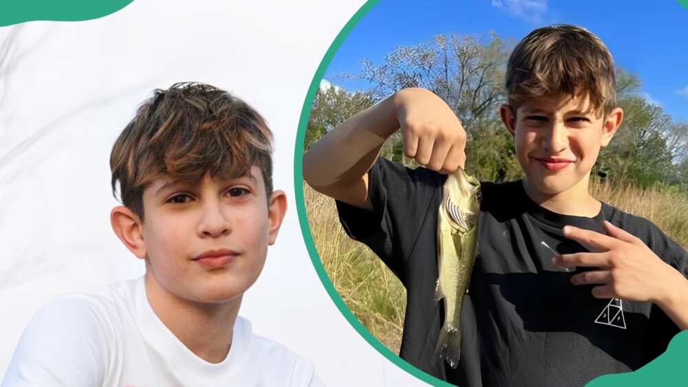 Nidal Wonder squatting for a photo (L) and him holding a fish (R)