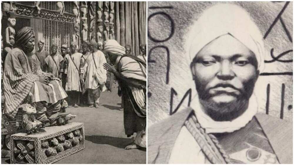 A collage of photos showing him sitting on his throne and a picture with his writing in the background.
Photo source: The African History