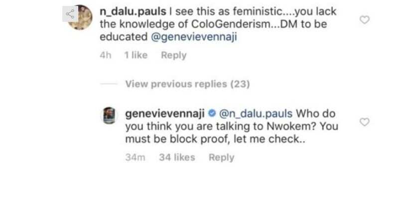 Genevieve Nnaji sets straight a fan who accused her of being uneducated