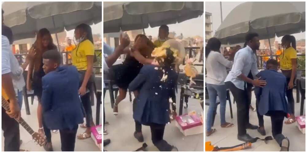 Viral video shows moment Nigerian lady bathes man in cake, gives him two hot slaps for proposing to her