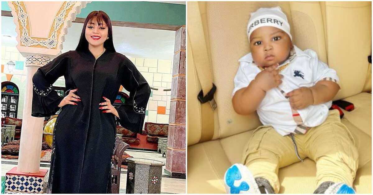 See what Regina Daniels had to say about her lookalike 2nd son as he clocked 8 months