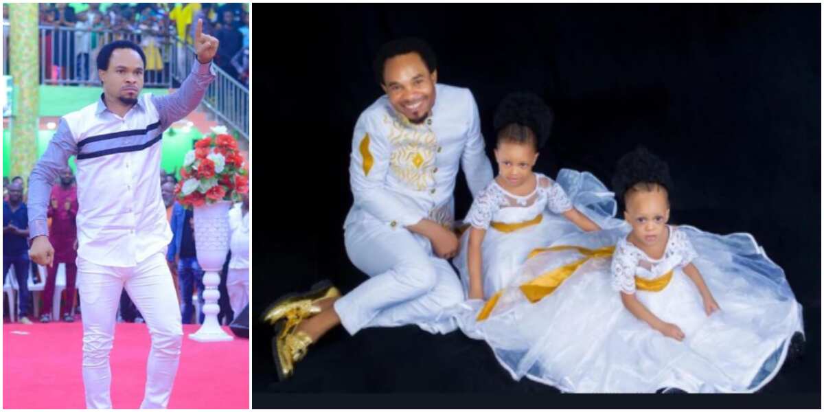 Indabosky preacher Odumeje shows soft side, sits like a princess as he poses with daughters in cute photo