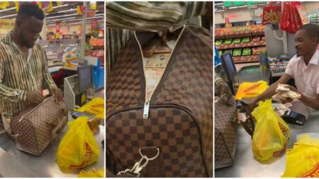 "Odogwu at it again": Nigerian man goes shopping with bag full of bundles of N10 notes, video causes frenzy